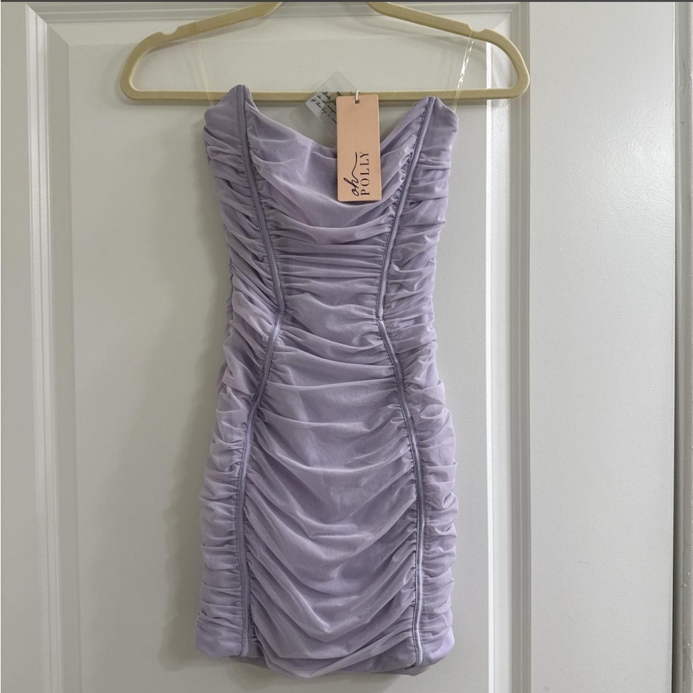 Oh Polly US8 UK12 Lilac Strapless Ruched mini strapless corseted Dress